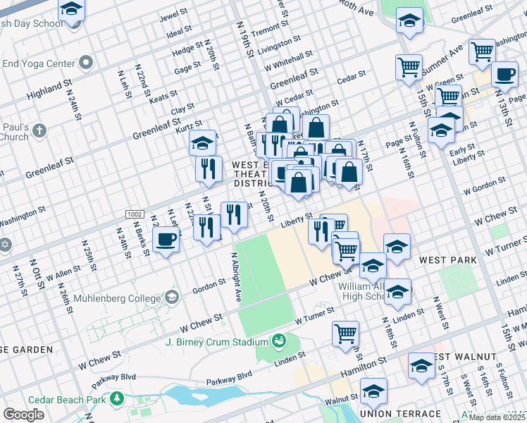 map of restaurants, bars, coffee shops, grocery stores, and more near 2011 Liberty Street in Allentown