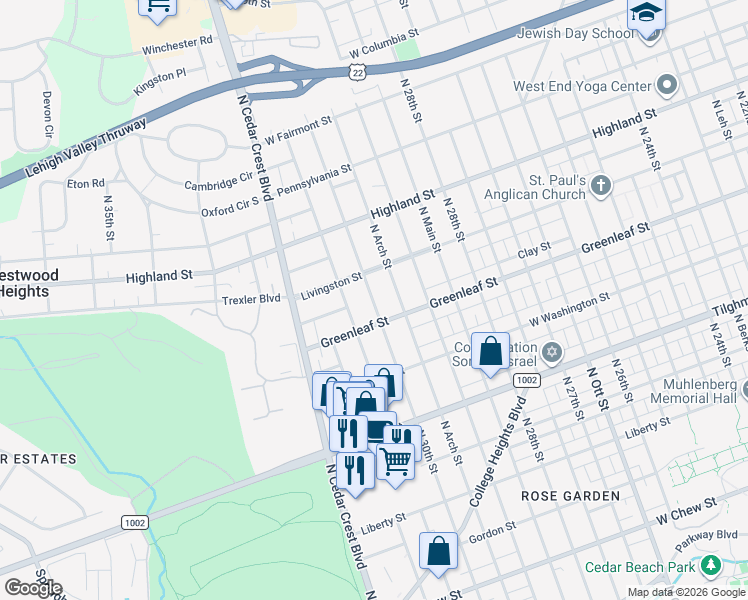 map of restaurants, bars, coffee shops, grocery stores, and more near 3023 Greenleaf Street in Allentown