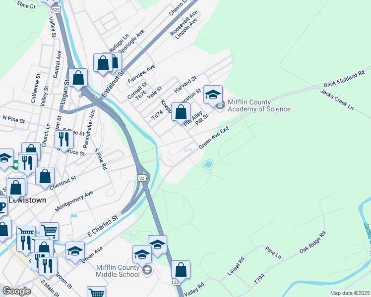map of restaurants, bars, coffee shops, grocery stores, and more near 10 Spickler Drive in Lewistown