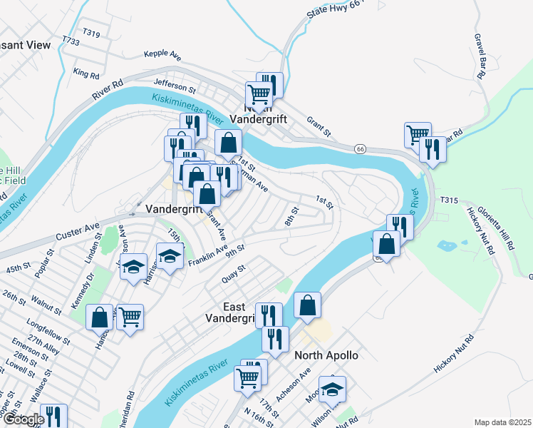 map of restaurants, bars, coffee shops, grocery stores, and more near 165 Franklin Avenue in Vandergrift