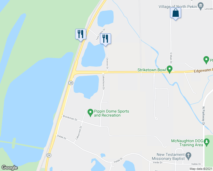 map of restaurants, bars, coffee shops, grocery stores, and more near 2415 Lakeshore Drive in Pekin