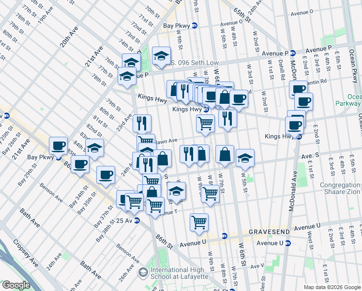 map of restaurants, bars, coffee shops, grocery stores, and more near 1839 West 11th Street in Brooklyn
