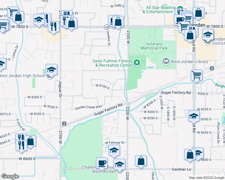 map of restaurants, bars, coffee shops, grocery stores, and more near West 8160 South in West Jordan