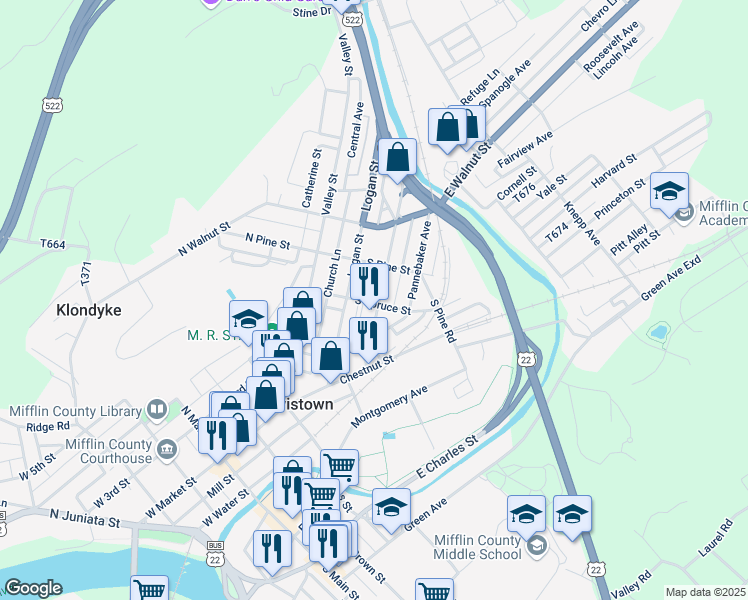 map of restaurants, bars, coffee shops, grocery stores, and more near 101 Shaw Avenue in Lewistown