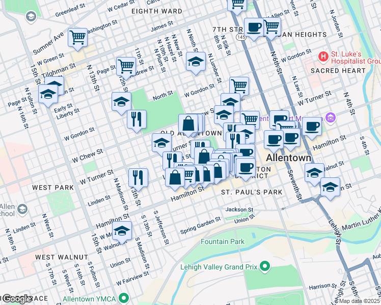 map of restaurants, bars, coffee shops, grocery stores, and more near in Allentown
