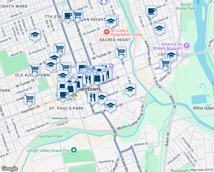 map of restaurants, bars, coffee shops, grocery stores, and more near 520 Hamilton Street in Allentown