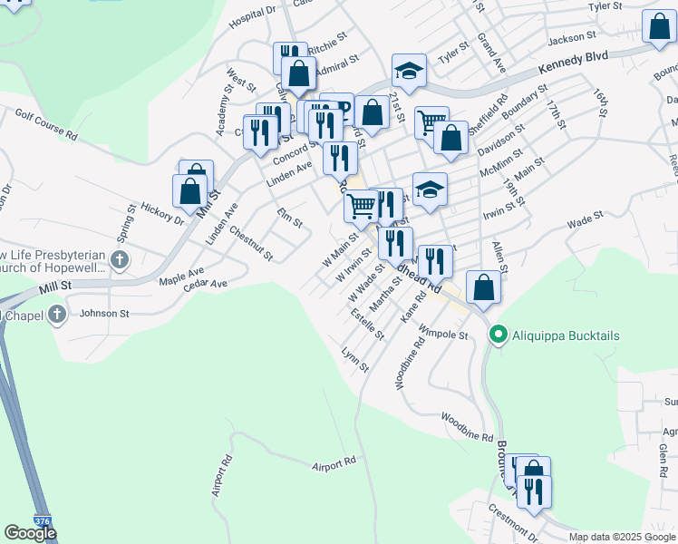 map of restaurants, bars, coffee shops, grocery stores, and more near 2415 West Irwin Street in Aliquippa