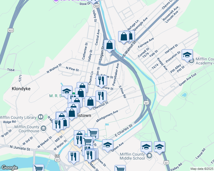 map of restaurants, bars, coffee shops, grocery stores, and more near 106 Shaw Avenue in Lewistown