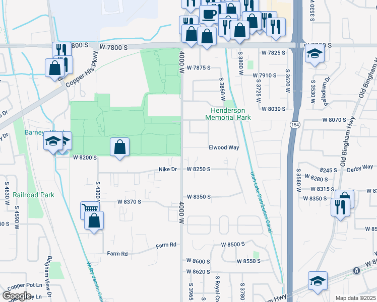 map of restaurants, bars, coffee shops, grocery stores, and more near 3977 Elwood Way in West Jordan