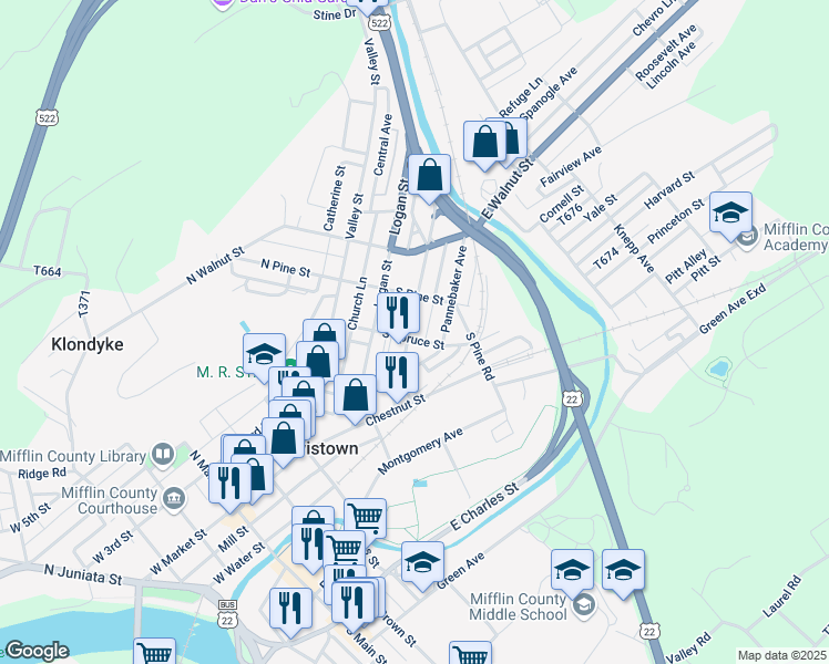 map of restaurants, bars, coffee shops, grocery stores, and more near 118 Shaw Avenue in Lewistown