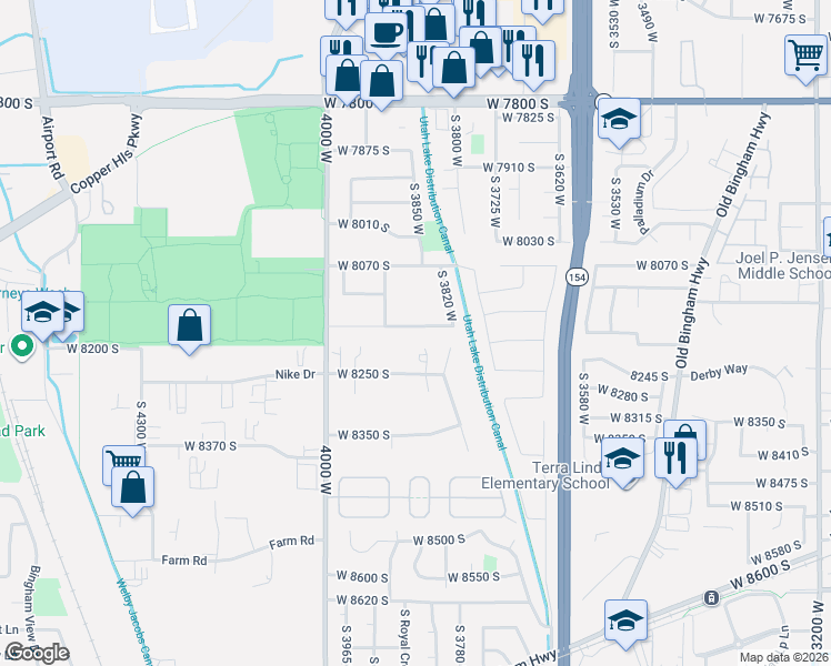 map of restaurants, bars, coffee shops, grocery stores, and more near 3855 Elwood Way in West Jordan