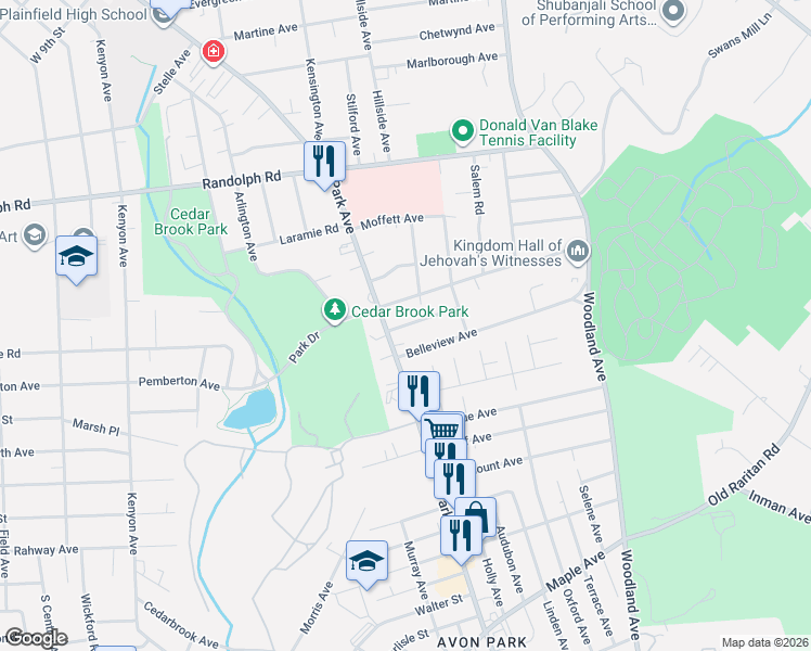 map of restaurants, bars, coffee shops, grocery stores, and more near 1381-87 Park Avenue in Plainfield