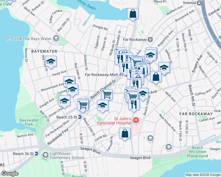 map of restaurants, bars, coffee shops, grocery stores, and more near 671 Grassmere Terrace in Queens