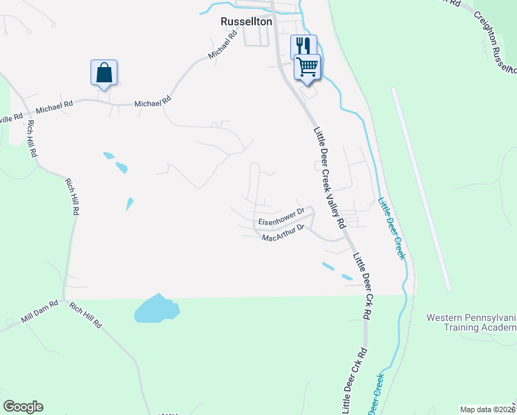 map of restaurants, bars, coffee shops, grocery stores, and more near 1147 Eisenhower Drive in Russellton
