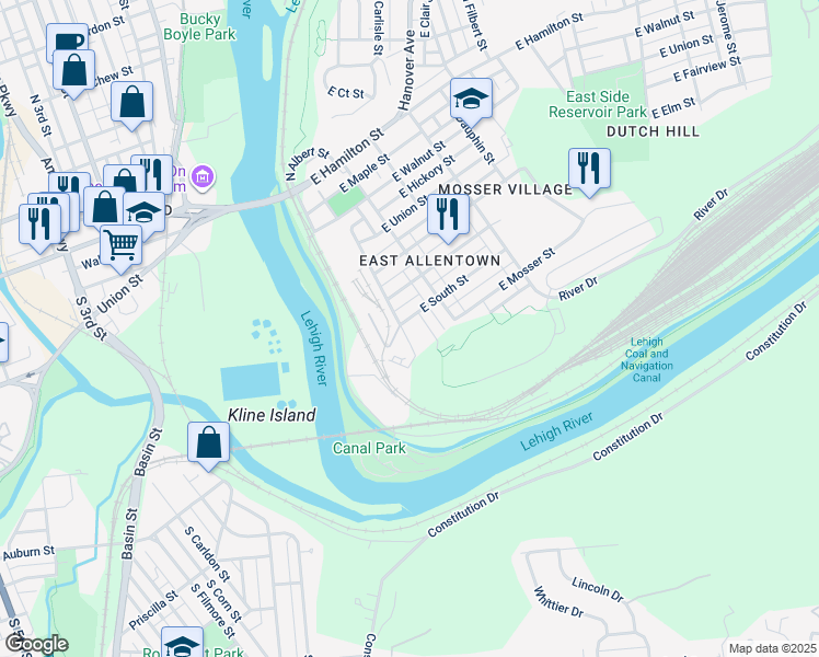 map of restaurants, bars, coffee shops, grocery stores, and more near 501 South Aubrey Street in Allentown