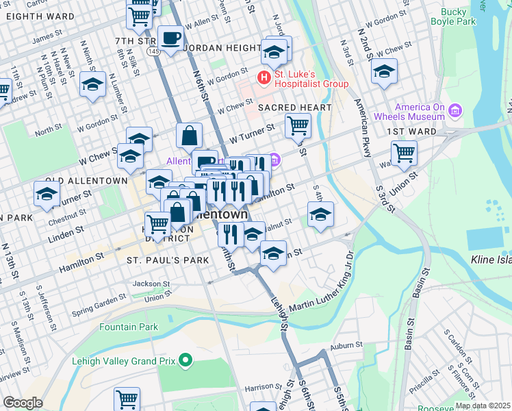 map of restaurants, bars, coffee shops, grocery stores, and more near 20 South 6th Street in Allentown
