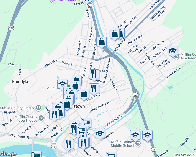 map of restaurants, bars, coffee shops, grocery stores, and more near 106 Shaw Avenue in Lewistown