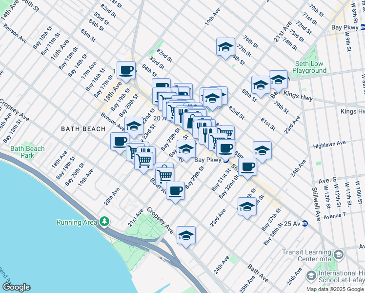 map of restaurants, bars, coffee shops, grocery stores, and more near 37 Bay 26th Street in Brooklyn