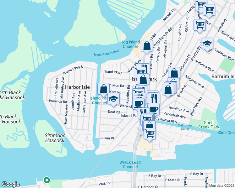 map of restaurants, bars, coffee shops, grocery stores, and more near 39 Hastings Road in Island Park