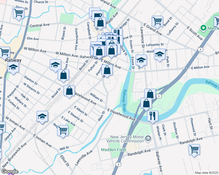 map of restaurants, bars, coffee shops, grocery stores, and more near 1181 Main Street in Rahway