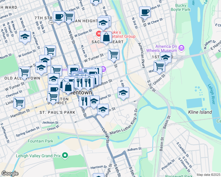 map of restaurants, bars, coffee shops, grocery stores, and more near 444 Walnut Street in Allentown