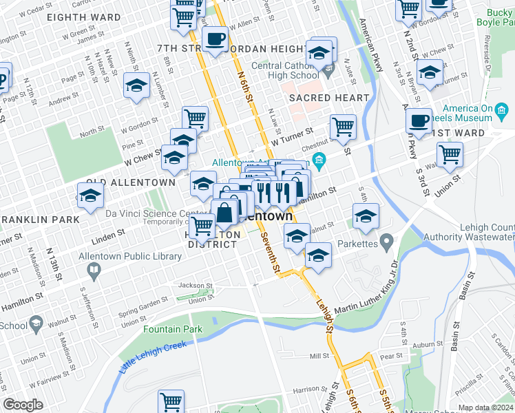 map of restaurants, bars, coffee shops, grocery stores, and more near in Allentown