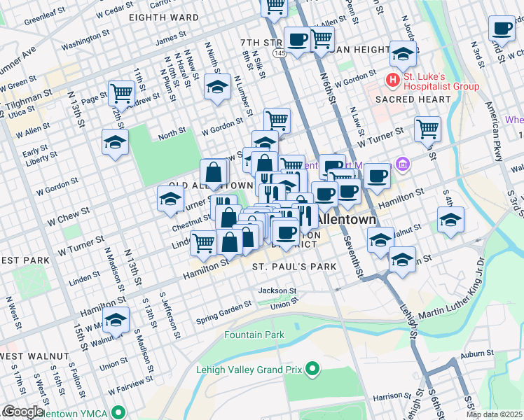 map of restaurants, bars, coffee shops, grocery stores, and more near 6 North Fountain Street in Allentown