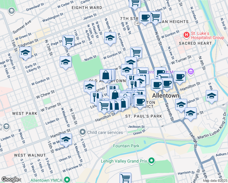 map of restaurants, bars, coffee shops, grocery stores, and more near in Allentown