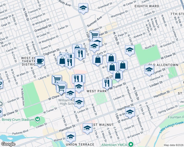 map of restaurants, bars, coffee shops, grocery stores, and more near 317 North 16th Street in Allentown