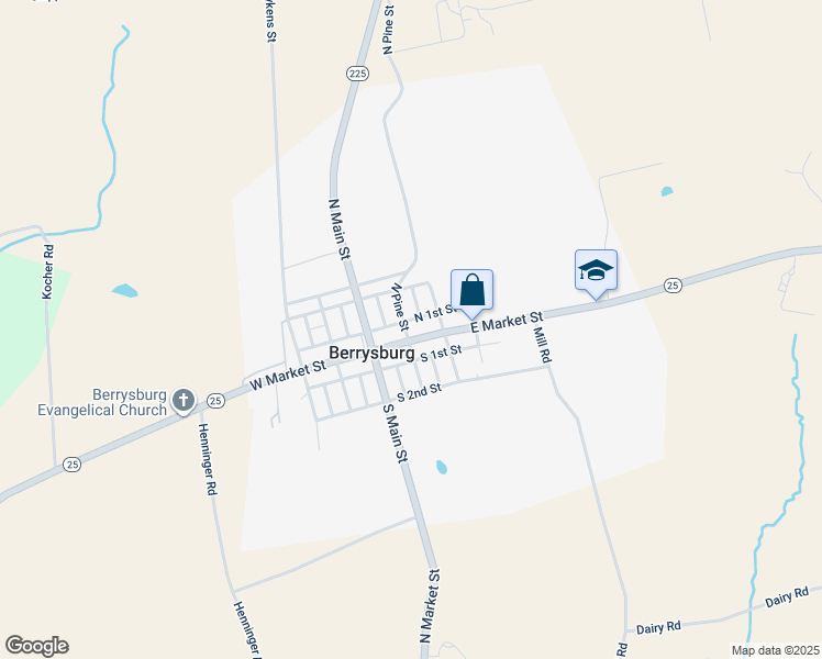map of restaurants, bars, coffee shops, grocery stores, and more near 134 East Market Street in Berrysburg