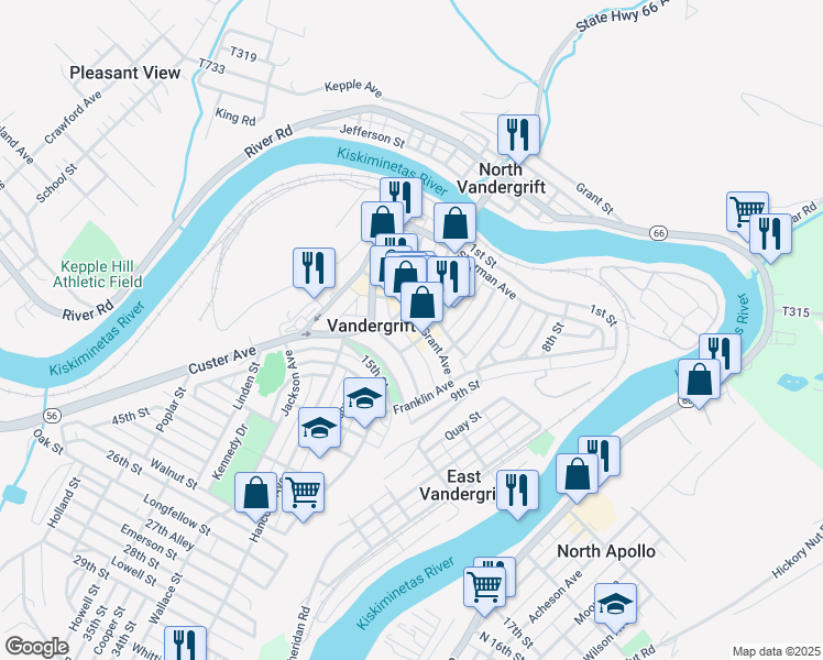 map of restaurants, bars, coffee shops, grocery stores, and more near 197 Washington Avenue in Vandergrift