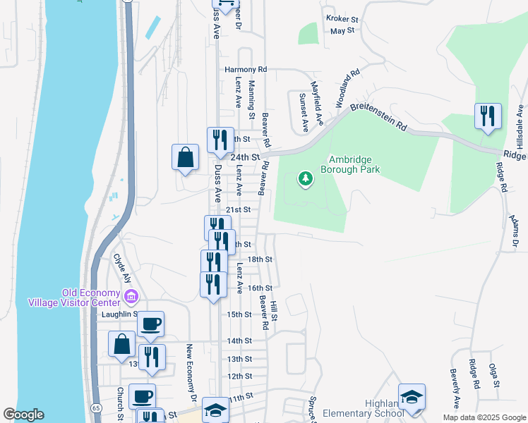 map of restaurants, bars, coffee shops, grocery stores, and more near 923 Hazel Avenue in Ambridge
