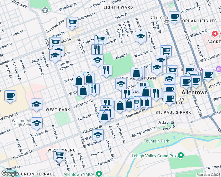 map of restaurants, bars, coffee shops, grocery stores, and more near 148 North 12th Street in Allentown