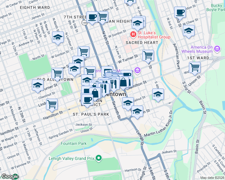 map of restaurants, bars, coffee shops, grocery stores, and more near 15 North 7th Street in Allentown