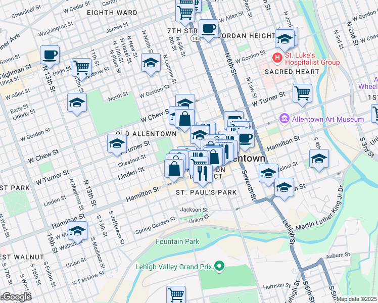 map of restaurants, bars, coffee shops, grocery stores, and more near 25 North 9th Street in Allentown