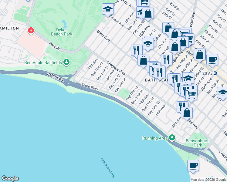 map of restaurants, bars, coffee shops, grocery stores, and more near 1175 Shore Parkway in Brooklyn