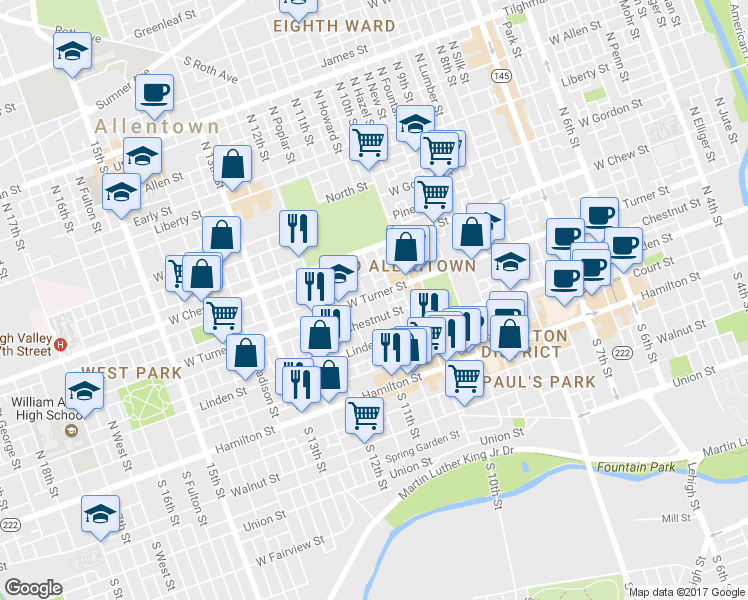 map of restaurants, bars, coffee shops, grocery stores, and more near 145 N 11th St in Allentown