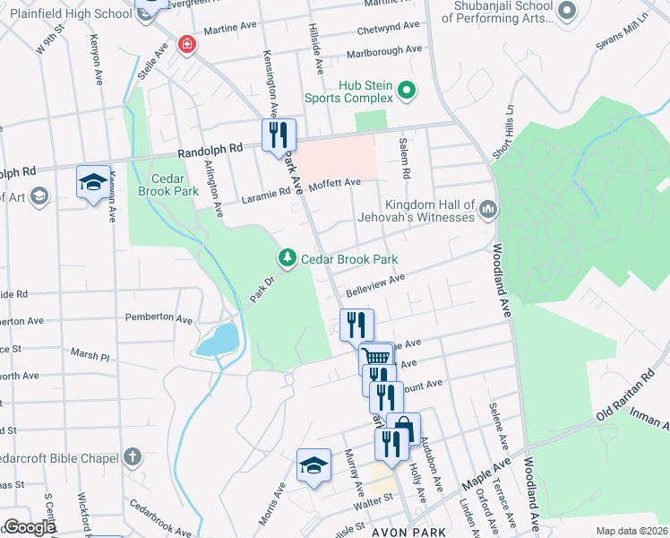 map of restaurants, bars, coffee shops, grocery stores, and more near 1381-87 Park Avenue in Plainfield