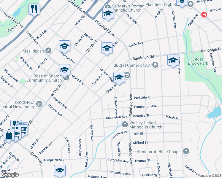 map of restaurants, bars, coffee shops, grocery stores, and more near 725-31 Sherman Avenue in Plainfield