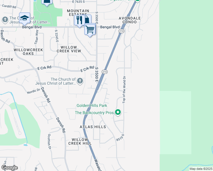 map of restaurants, bars, coffee shops, grocery stores, and more near 3566 Wasatch Hills Lane in Cottonwood Heights