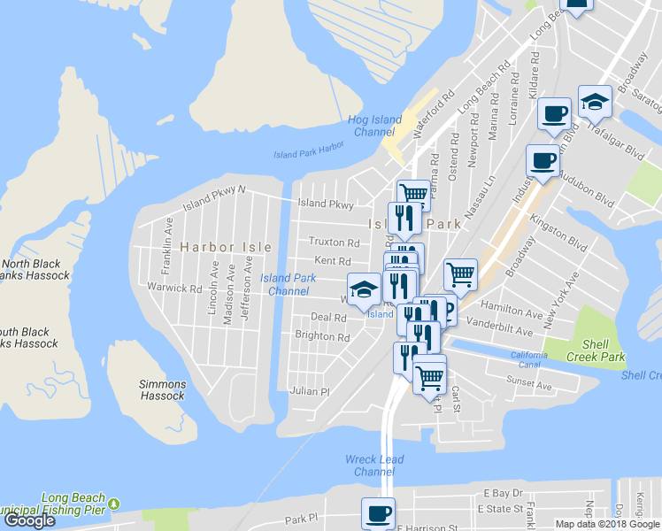 map of restaurants, bars, coffee shops, grocery stores, and more near 39 Kent Road in Island Park