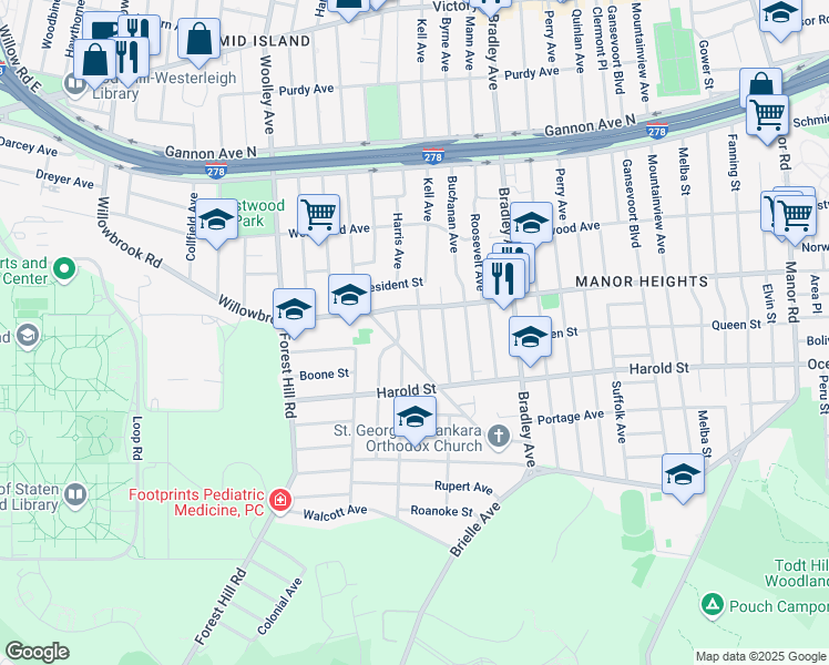 map of restaurants, bars, coffee shops, grocery stores, and more near 15 Washington Avenue in Staten Island