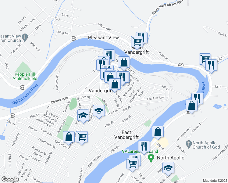 map of restaurants, bars, coffee shops, grocery stores, and more near 148 Grant Avenue in Vandergrift