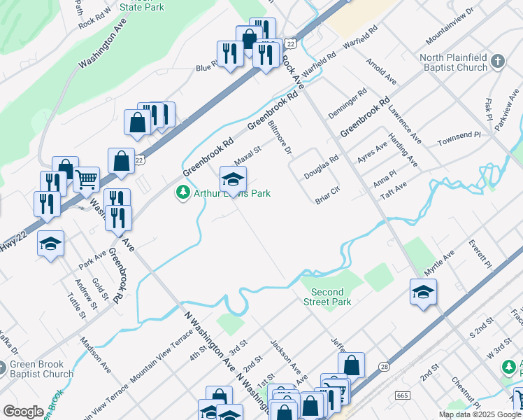 map of restaurants, bars, coffee shops, grocery stores, and more near 132 Jefferson Avenue in Green Brook Township