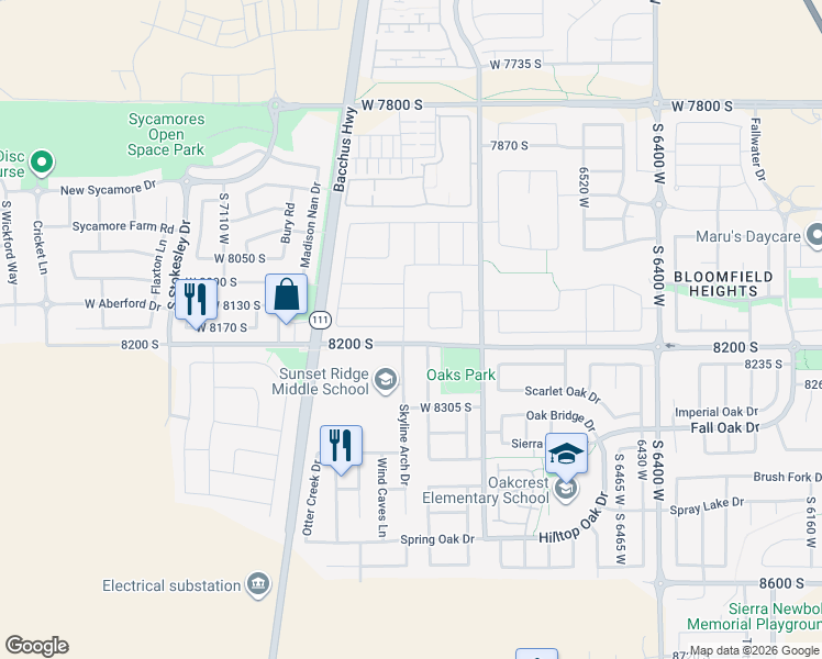 map of restaurants, bars, coffee shops, grocery stores, and more near 8163 Oakridge Park Drive in West Jordan