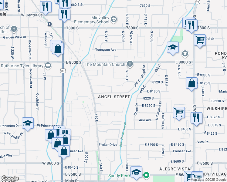 map of restaurants, bars, coffee shops, grocery stores, and more near 8169 South 230 East in Sandy
