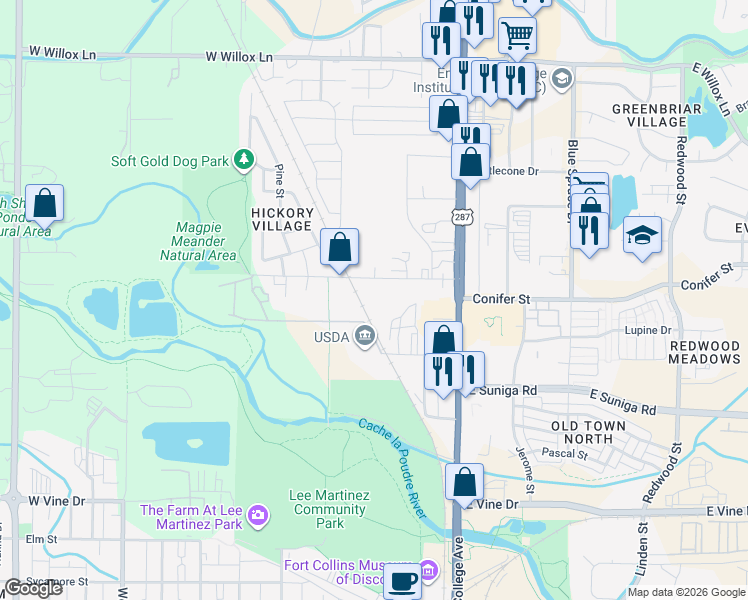 map of restaurants, bars, coffee shops, grocery stores, and more near 300 Hickory Street in Fort Collins