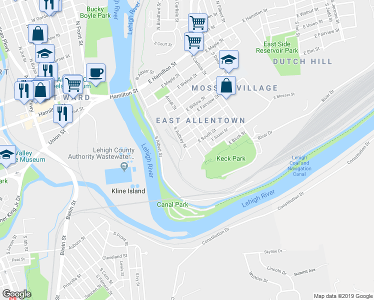 map of restaurants, bars, coffee shops, grocery stores, and more near 526 South Aubrey Street in Allentown