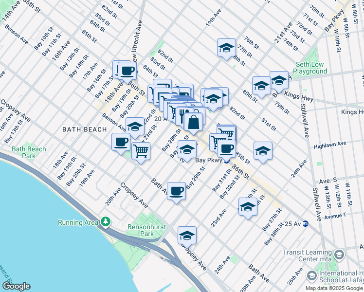 map of restaurants, bars, coffee shops, grocery stores, and more near 47 Bay 26th Street in Brooklyn