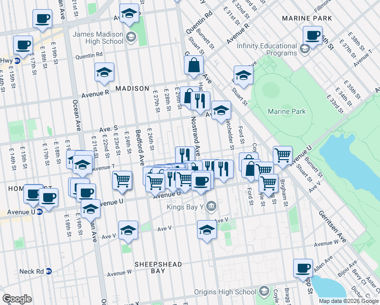 map of restaurants, bars, coffee shops, grocery stores, and more near 3315a Nostrand Avenue in Brooklyn